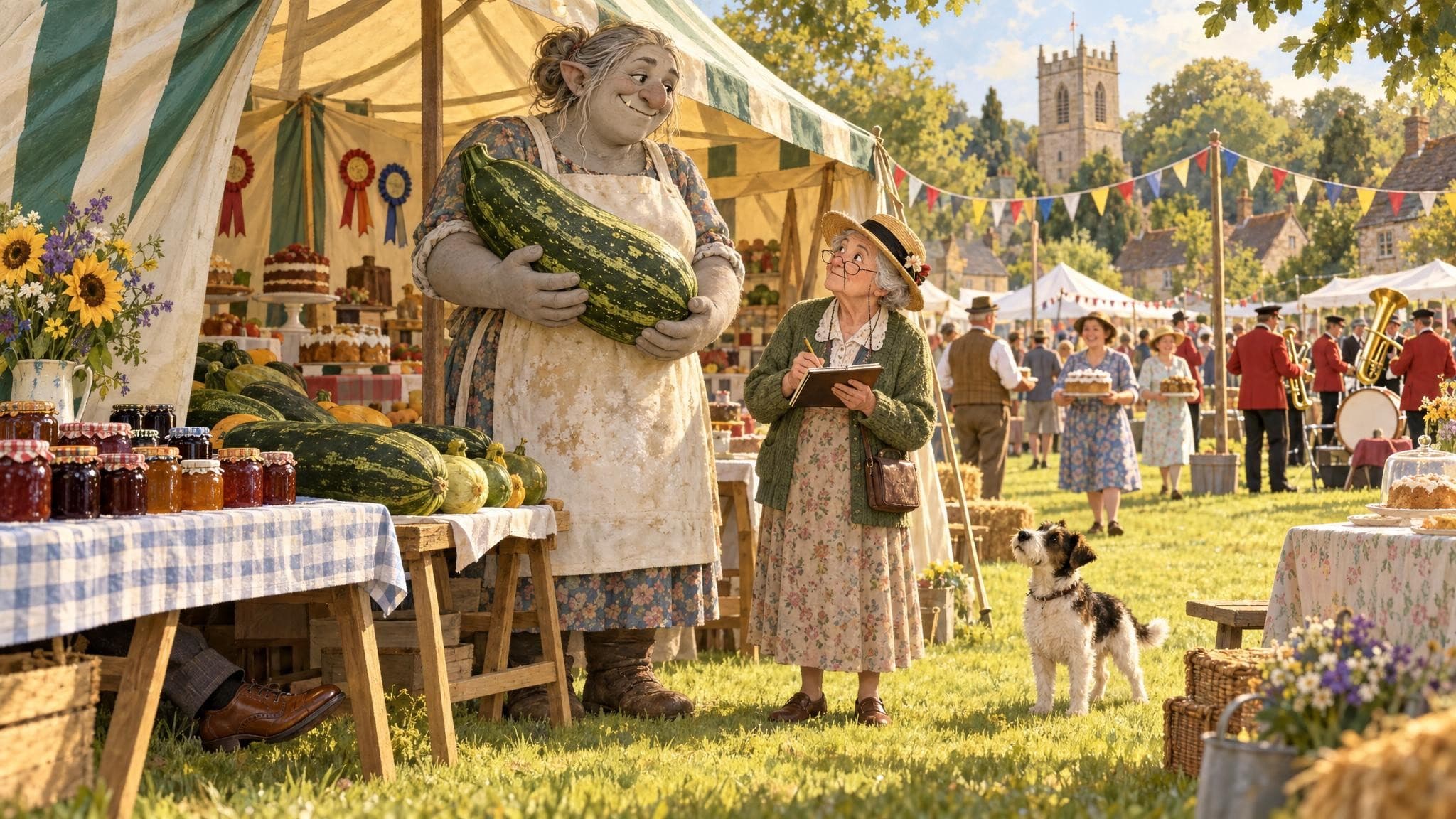 A smiling troll in an apron holds a giant marrow beside an old woman with a clipboard at a village show, jars of jam and prize rosettes on the tables and a brass band behind them